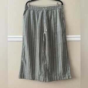 Linen Cotton Pinstriped Cropped Wide Leg Green White Pants Beachy Size Large